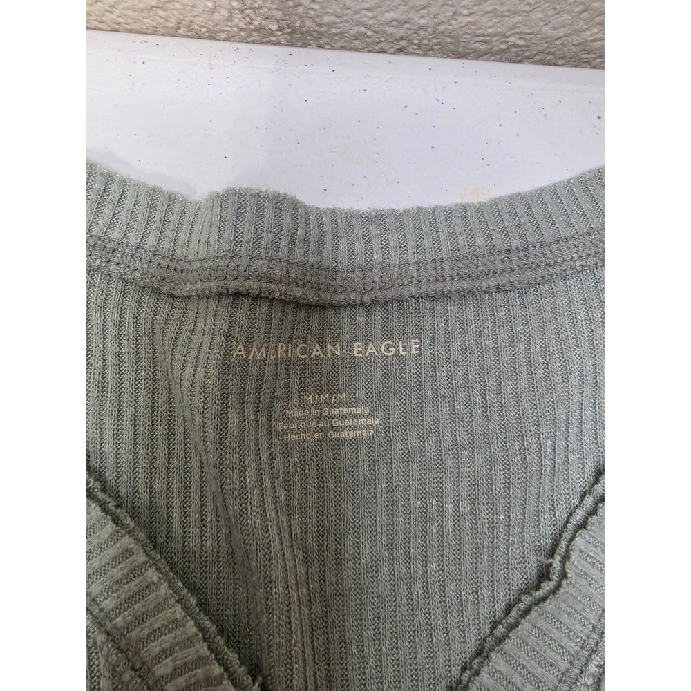 American Eagle Sage Green Ribbed Babydoll Henley Top Long Sleeve Womens Medium - Picture 3 of 6